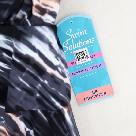 Swim Solutions Black Abstract Tiered Tummy Control One-Piece Swimsuit Size US 8 - Picture 4 of 6